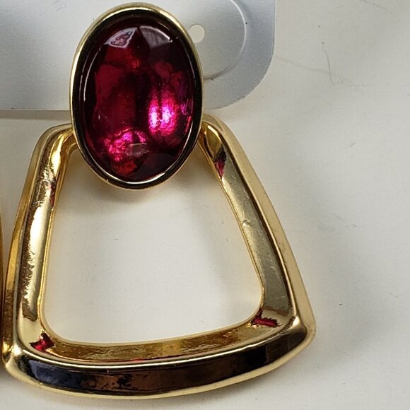 Charming Charlie Gold-Tone Drop Earrings w/ Pink Oval Stone, Elegant Post Dangle - Picture 6 of 9